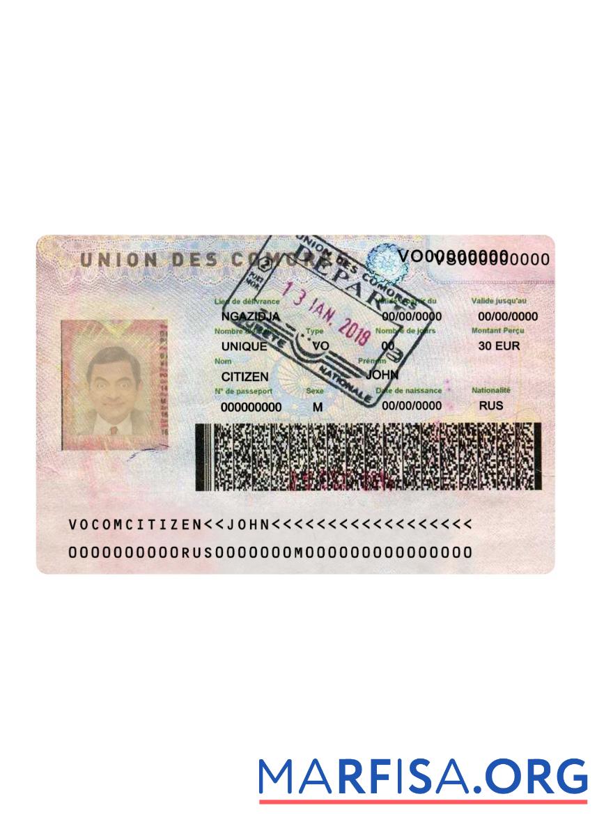 Realistic Union des Comores travel visa sample